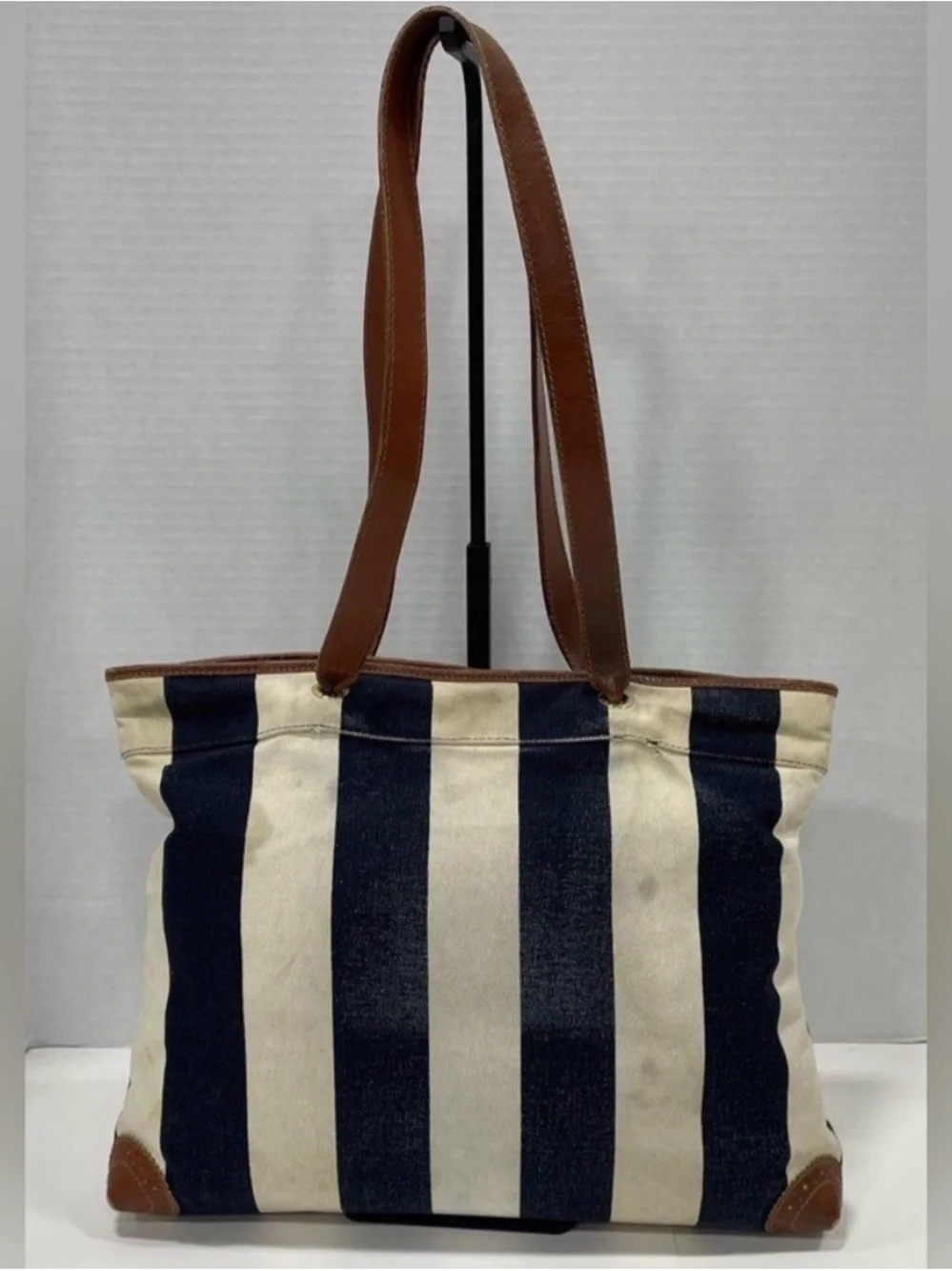 Fendi Navy and Cream Striped Canvas Tote with Brown Leather Trim